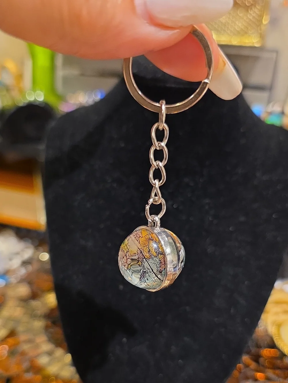 Source Unknown Silver Keychain with Iridescent Multicolor Pendant